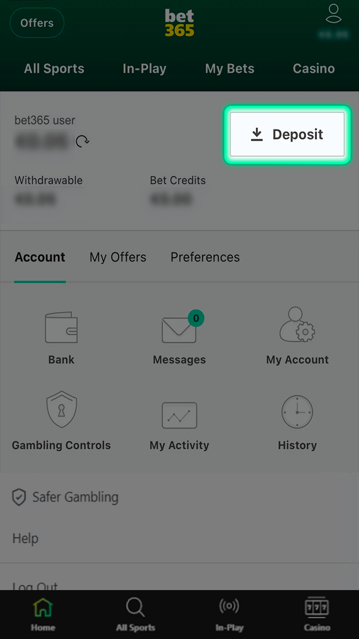 Navigate to the funding section within the Bet365 app.