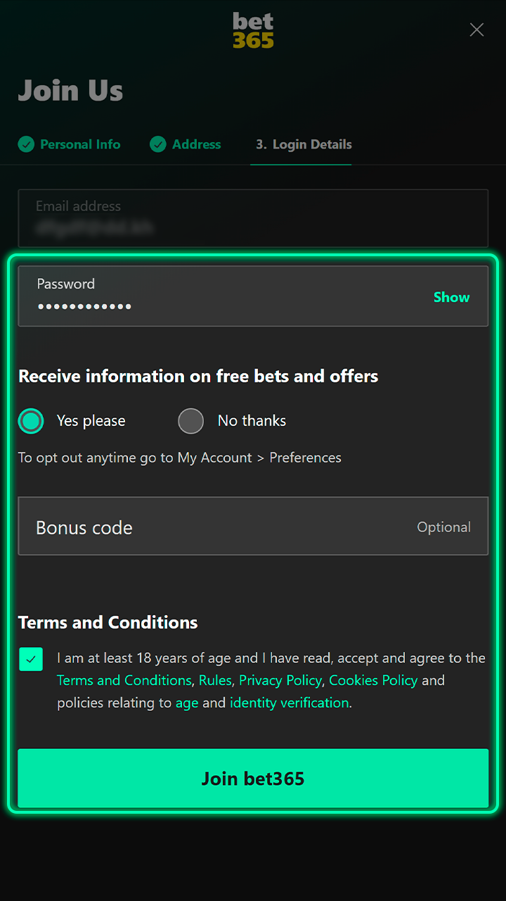 Complete your account creation to begin betting at Bet365.