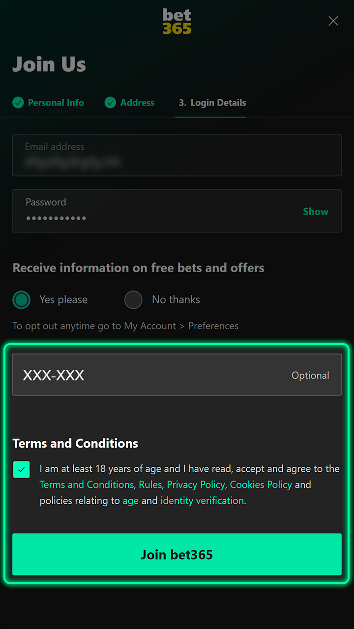 Start your journey by joining the Bet365 platform.