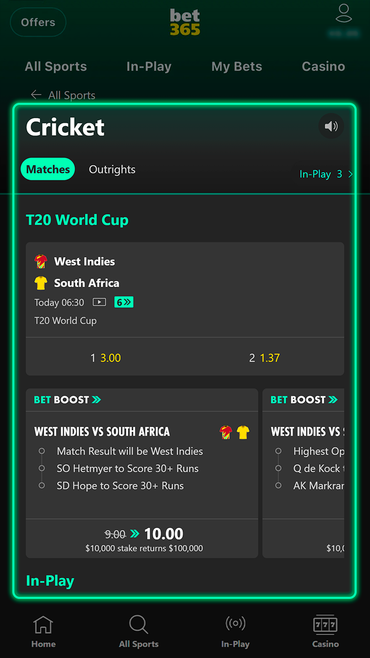 Select your favorite cricket event on the Bet365 dashboard.