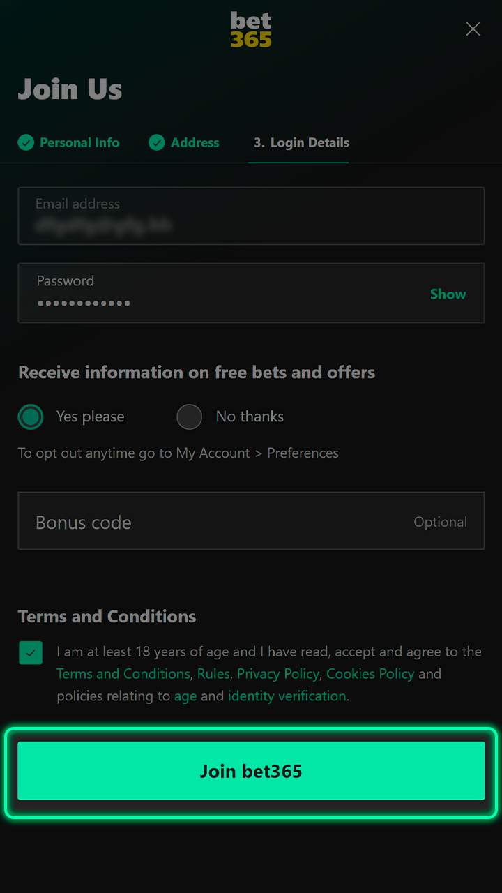 Complete your registration to join the Bet365 community.