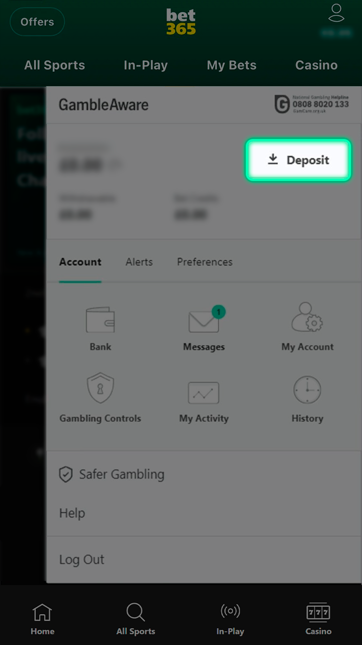 Fund your account to start betting on Bet365.