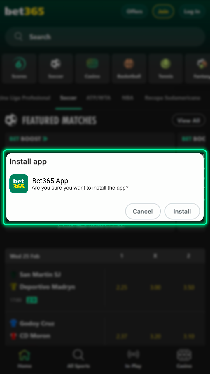 Open the APK file and install the Bet365 app.