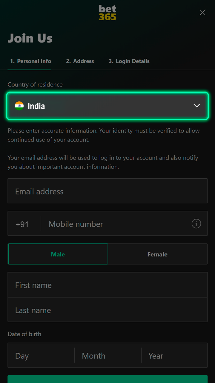 Select India from the list of countries when registering with Bet365.