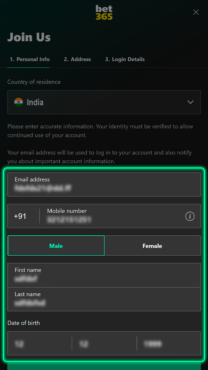 Fill in all the necessary information to register an account with Bet365.