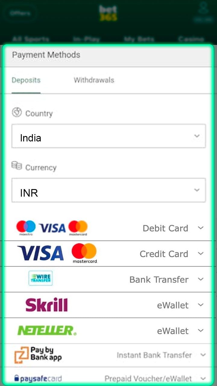 Go to the deposit section and top up your Bet365 account.