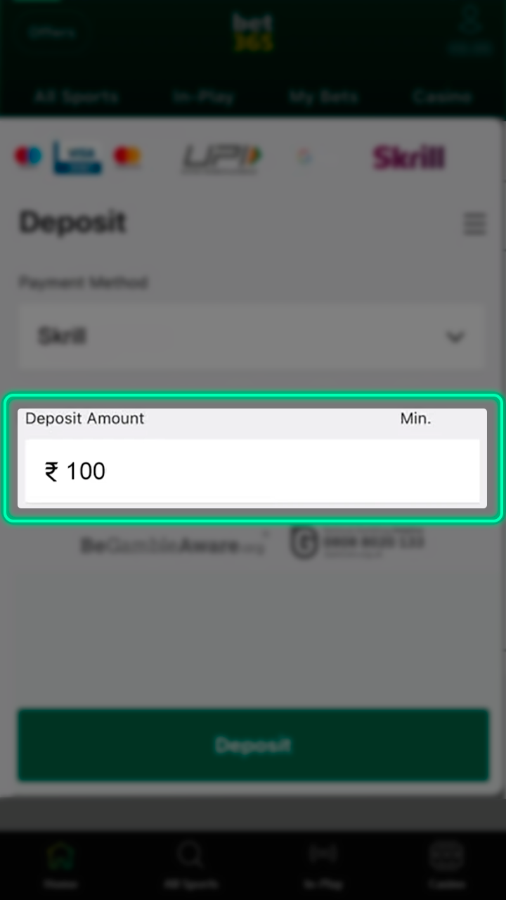 Open the deposit form to top up your account at Bet365.