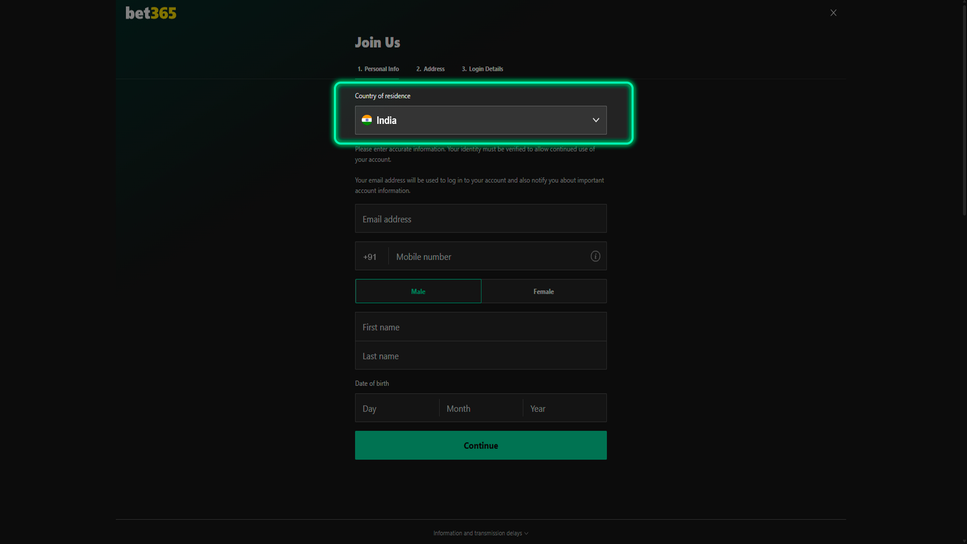 Select India for correct registration at Bet365.