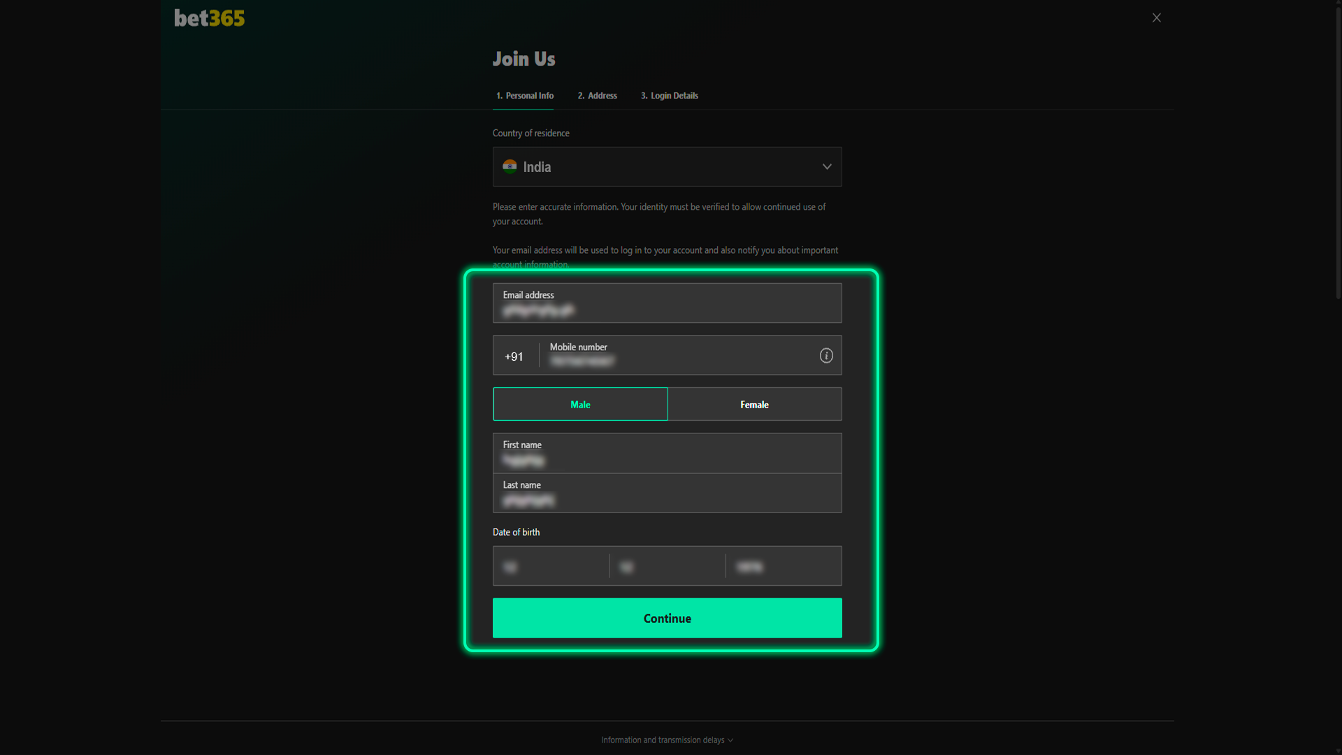 Fill in the necessary personal information to register with Bet365.