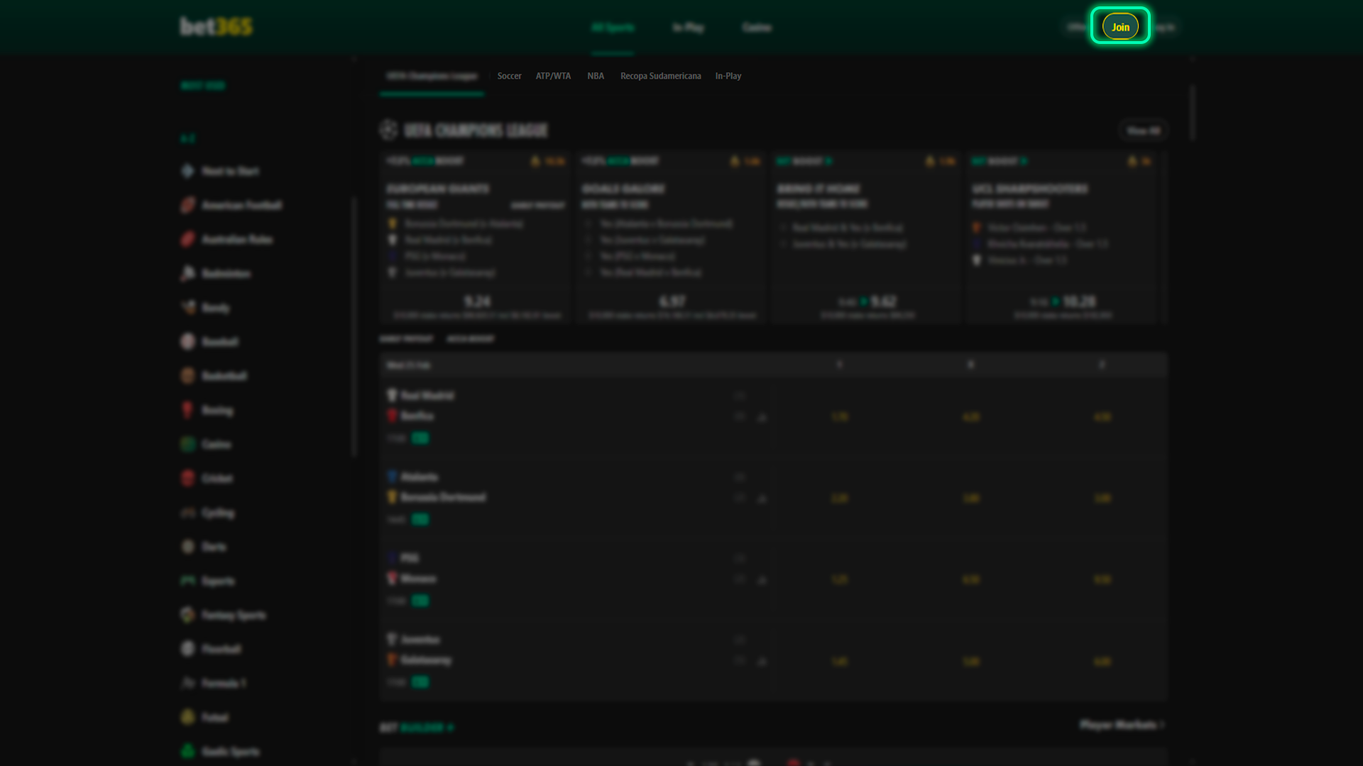Open the registration form on the Bet365 homepage.