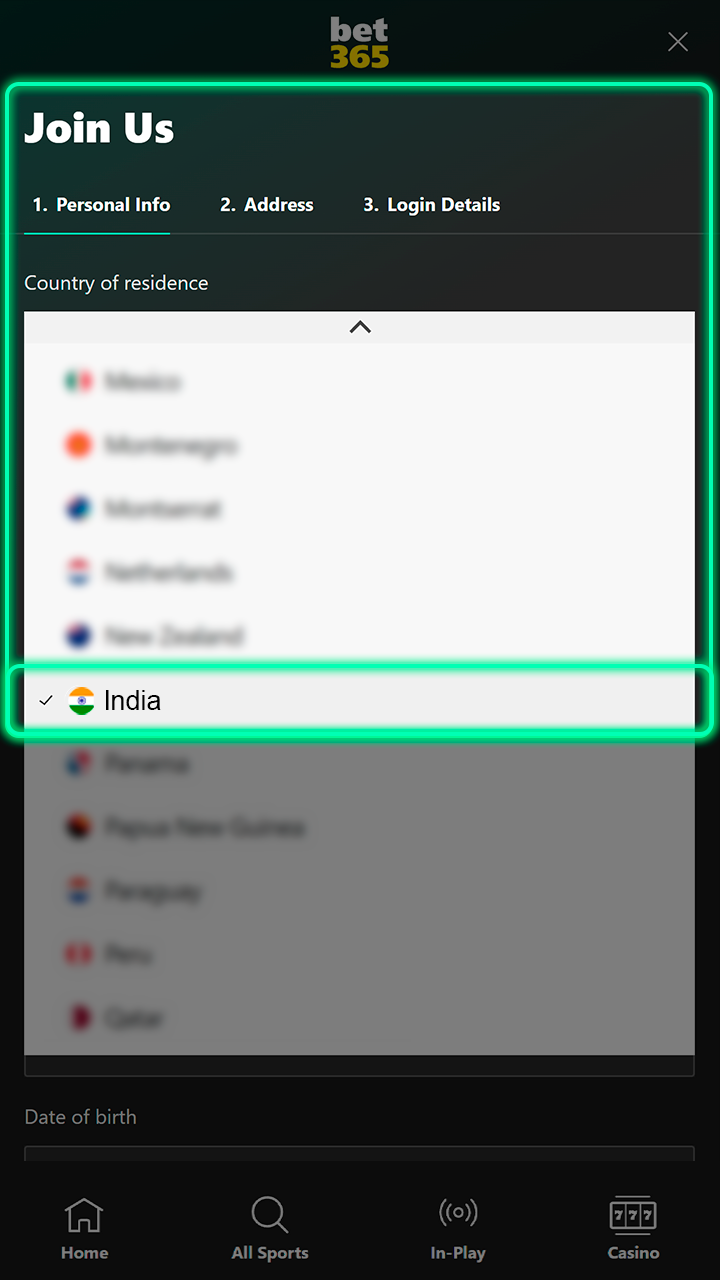 Select India from the drop-down list on the Bet365 registration form.