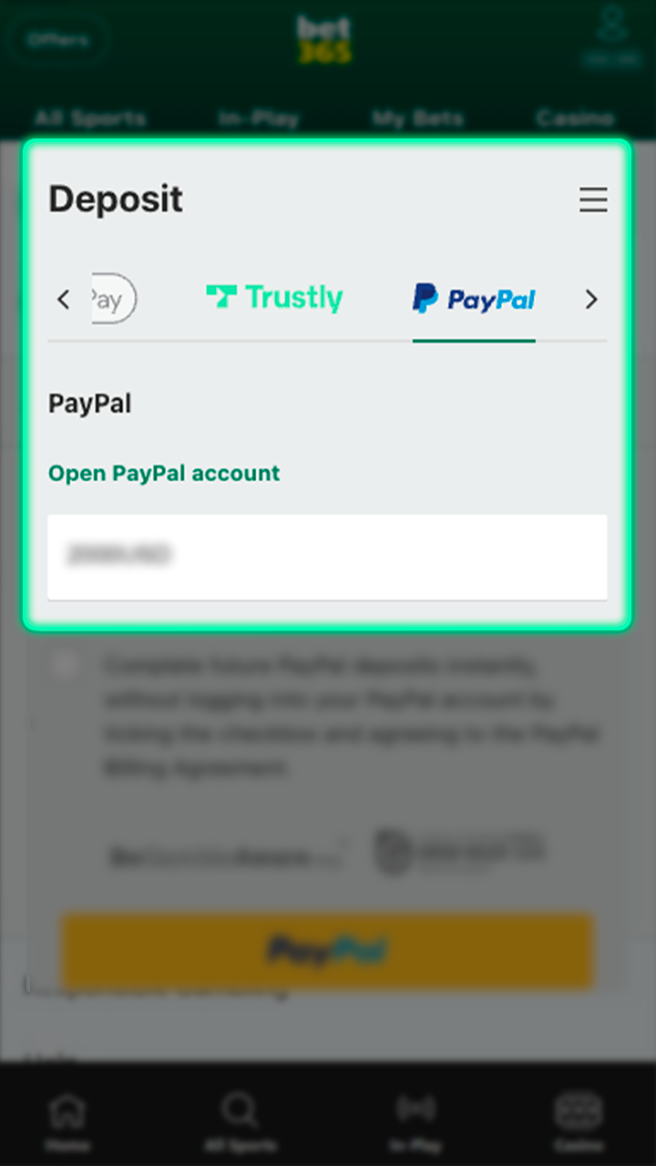 Make a deposit into your Bet365 account using one of the convenient methods.