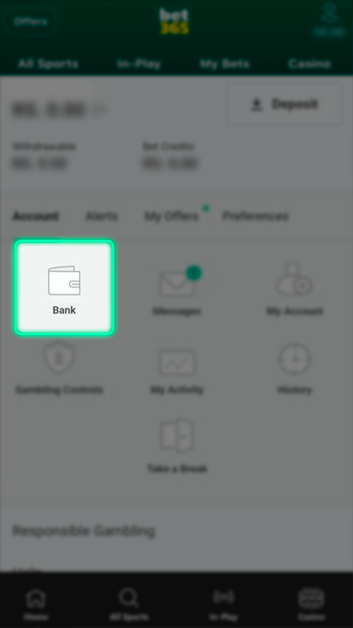 Navigate to the funding area within the Bet365 app.