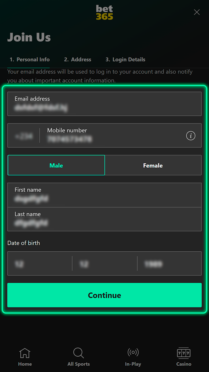 Enter your basic information to set up your Bet365 profile.