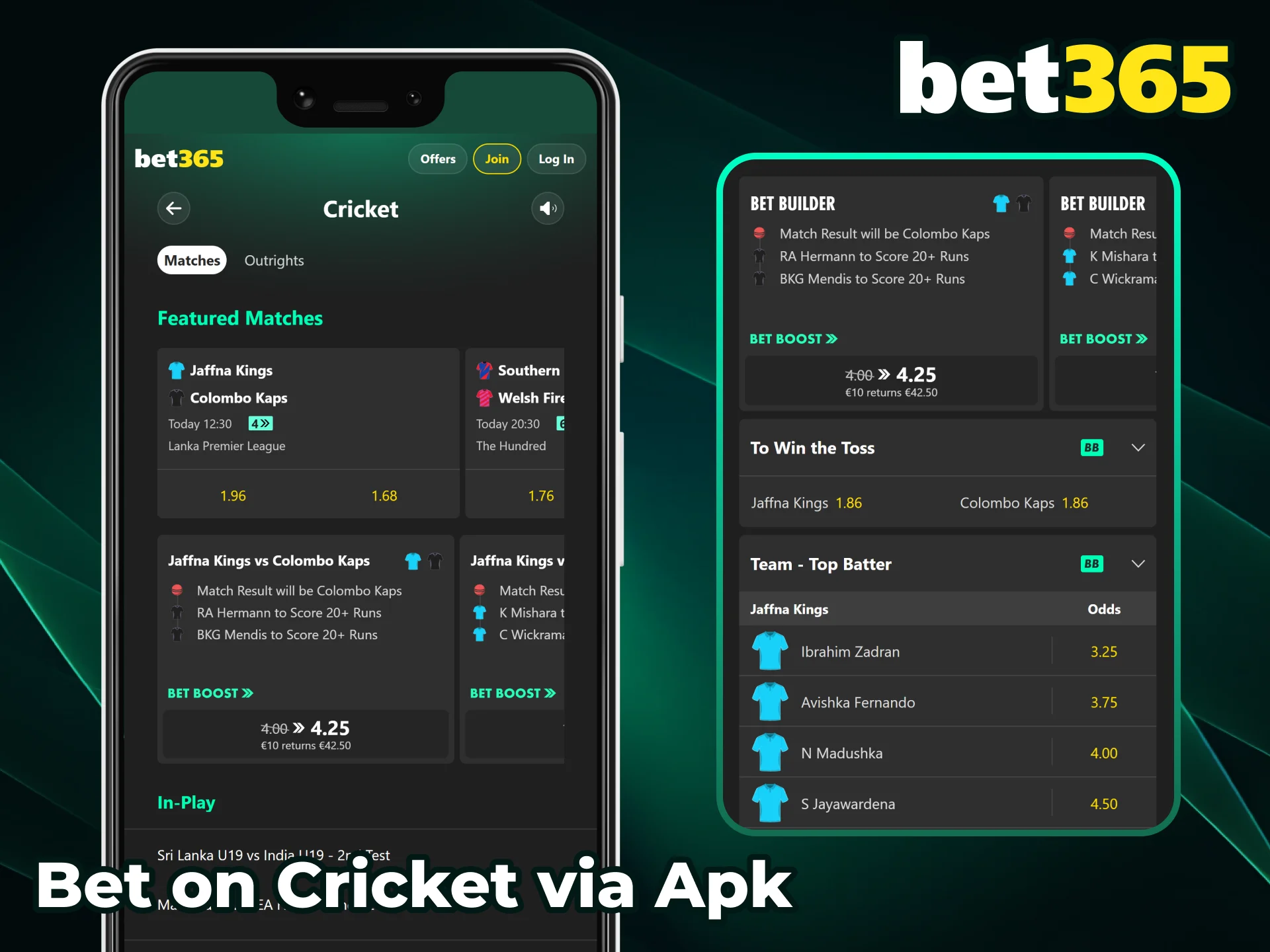 Bet on cricket via the Bet365 app and follow every match live.