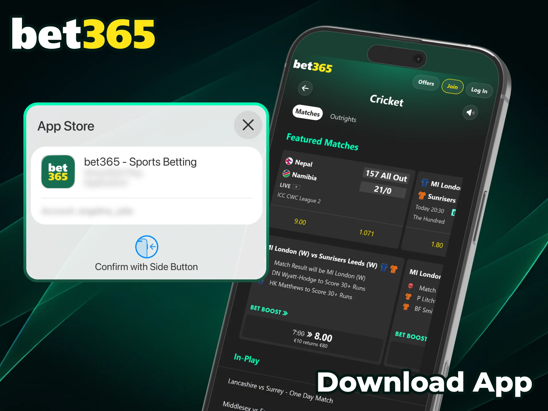Download the Bet365 cricket app to wager directly from your phone.