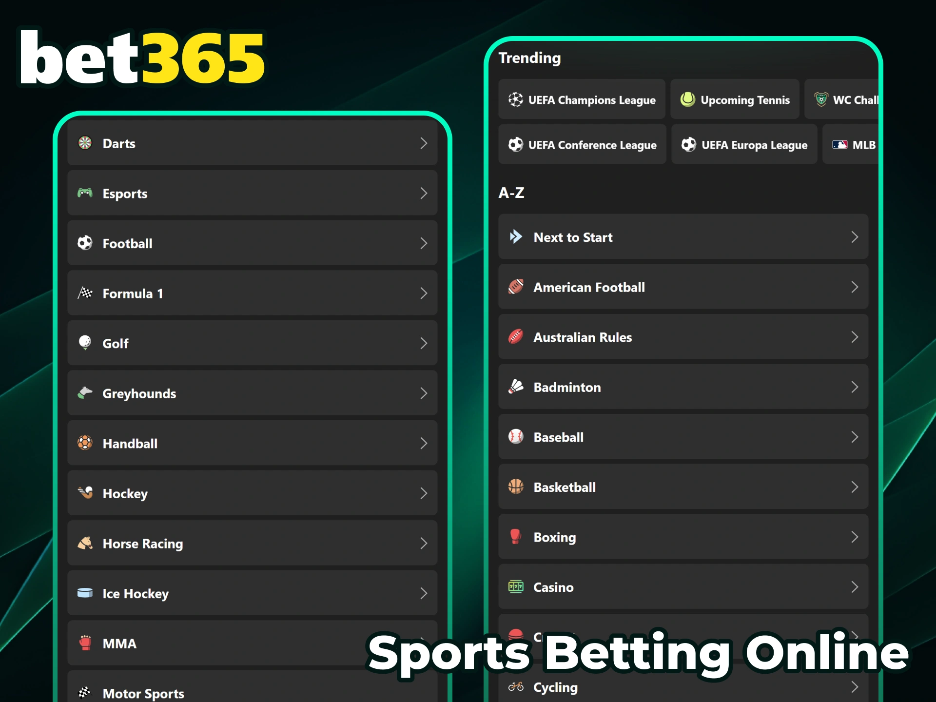 Start online sports betting at Bet365 with competitive odds.