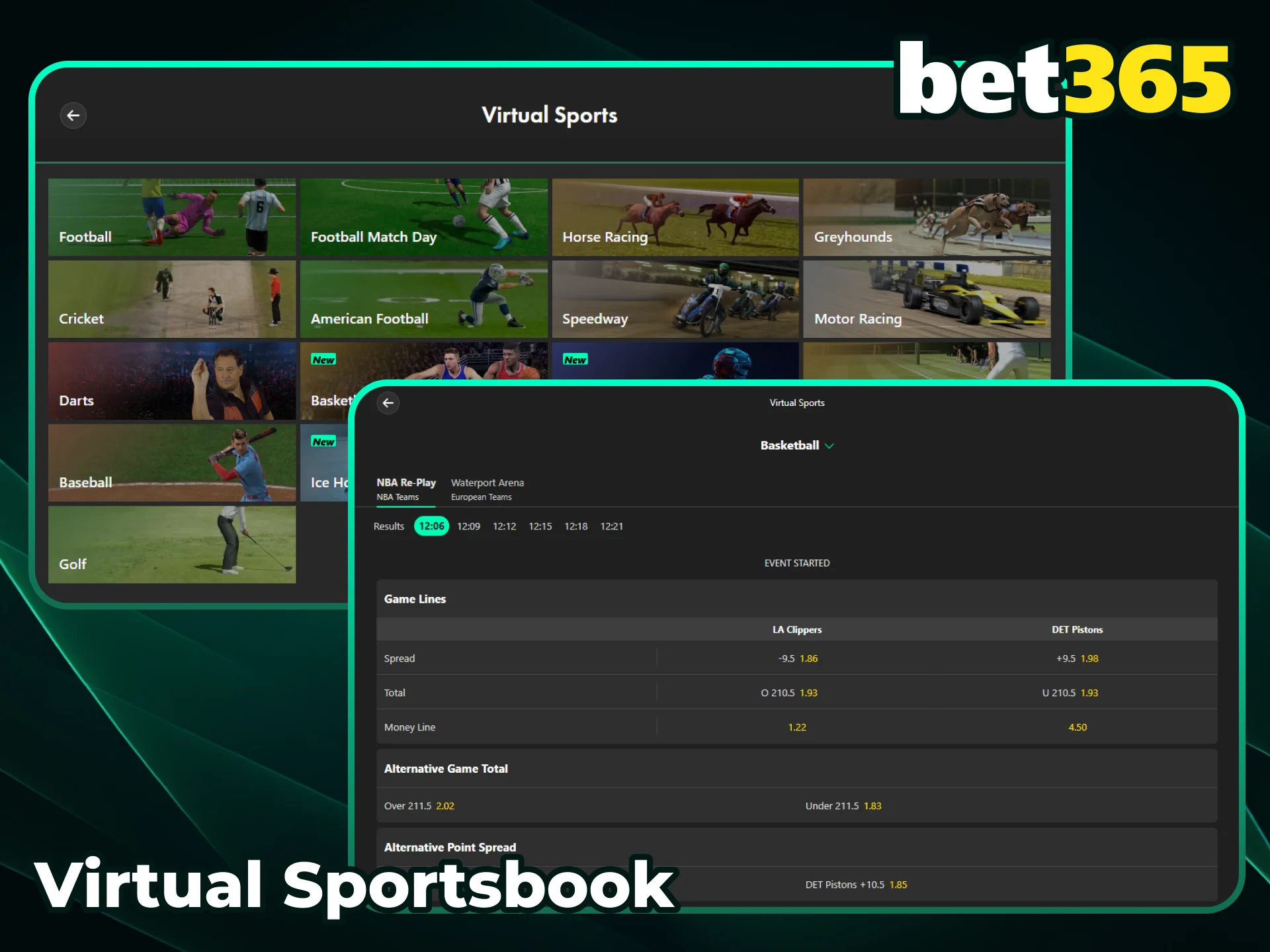 Try betting on virtual sports events directly at Bet365.